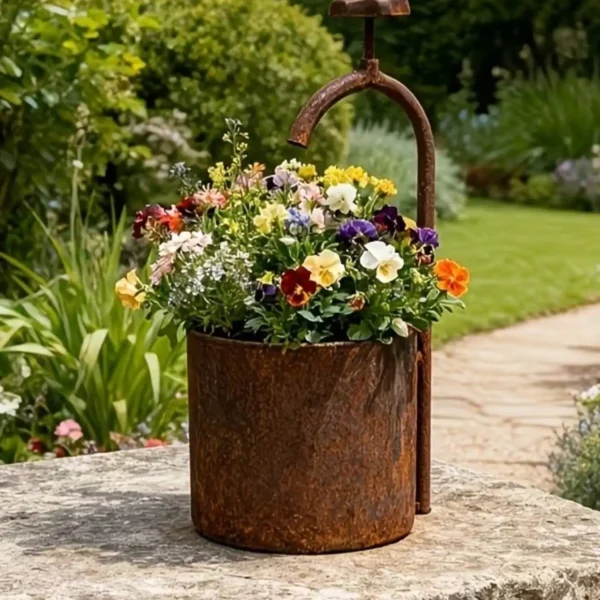 Rusty Faucet Planter, Vintage Style Metal Flower Pot
