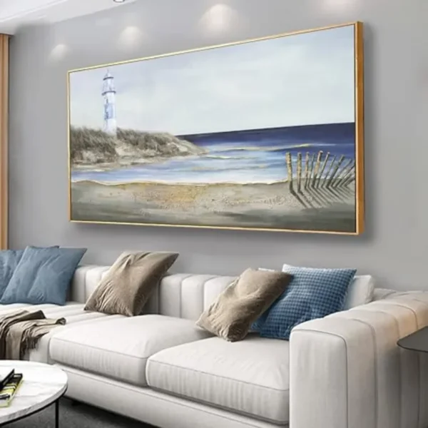 Coastal wall art: blue and white lighthouse canvas painting