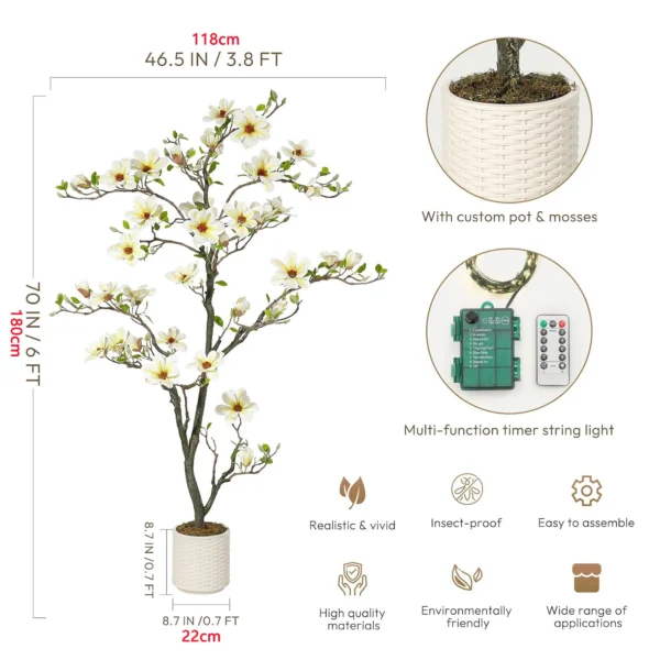 Artificial Magnolia Plant Faux Flower Trees with LED Light