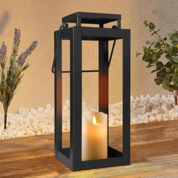 18" Black Metal Modern Candle Lantern for Indoor and Outdoor Use