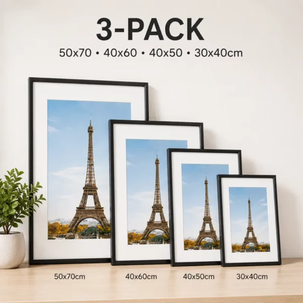 3pcs Modern Black Aluminum Picture Frames Set 30x40cm 40x60cm 50x70cm With Mat Lightweight Easy Mounting Photo Frame Set