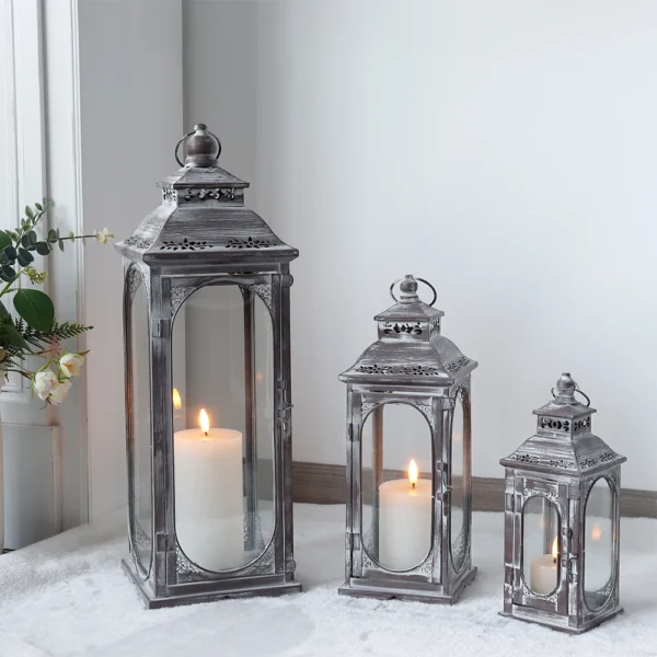 Set of 3 Vintage Candle Lanterns 10/14/19.5''H Decorative Outdoor Lantern Metal Candle Holder with Tempered Glass for Home