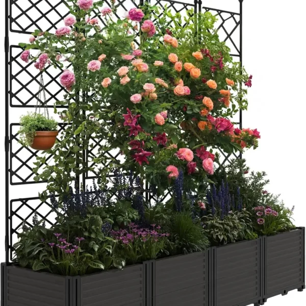 Plastic Planter Box w/ Trellis Rack 5.25FT Tall Raised Garden Bed Drainage for Outdoor Balcony Patio Flower Vegetable Planting